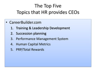 The Top Five
Topics that HR provides CEOs
• CareerBuilder.com
1. Training & Leadership Development
2. Succession planning
3. Performance Management System
4. Human Capital Metrics
5. PRP/Total Rewards
 