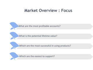 Which are the most successful in using products?
What is the potential lifetime value?
Market Overview : Focus
What are the most profitable accounts?
Which are the easiest to support?
 