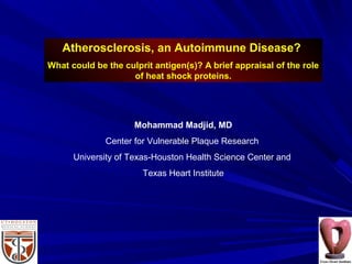 Atherosclerosis, an Autoimmune Disease?
What could be the culprit antigen(s)? A brief appraisal of the role
of heat shock proteins.
Mohammad Madjid, MD
Center for Vulnerable Plaque Research
University of Texas-Houston Health Science Center and
Texas Heart Institute
 