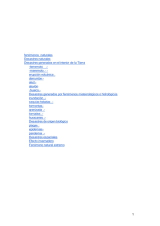 1
fenómenos naturales
Desastres naturales
Desastres generados en el interior de la Tierra
-terremoto .-
-maremoto .- -
erupción volcánica .
derrumbe -
alud.-
aluvión
-huaico.-
Desastres generados por fenómenos meteorológicos o hidrológicos
inundación .-
sequías heladas .-
tormentas-
granizada .-
tornados .-
huracanes .-
Desastres de origen biológico
plagas :
epidemias-
pandemia .-
Desastres espaciales
Efecto invernadero
Fenómeno natural extremo
 