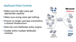 AppExpert Rate Controls

• Make sure the right users get
                                                         Partners
 appropriate capacity
• Make sure wrong users get nothing
• Ensure no single user/app overwhelms
                                            Lines of Business


 a shared infrastructure
• Built into core NetScaler policy engine      Customers

• Usable within multiple NetScaler
 modules
                                                       Spiders,
                                                        botnets,
                                                     scrapers, etc.
 
