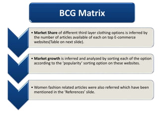 BCG Matrix
• Market Share of different third layer clothing options is inferred by
the number of articles available of each on top E-commerce
websites(Table on next slide).
• Market growth is inferred and analyzed by sorting each of the option
according to the ‘popularity’ sorting option on these websites.
• Women fashion related articles were also referred which have been
mentioned in the ‘References’ slide.
 