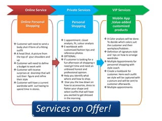 Online Personal
Shopping
Personal
Shopping
Mobile App
,Value-added
customized
products
 Customer will need to send a
body shot if form of a fitting
outfit
 A head Shot. A picture from
the top of your shoulders and
up
 Customer will need to define
a budget to work with
 Customer will receive
surprises at doorstep that will
suit their figure and refine
their style
 Customer will have a current
wardrobe with out having to
spend time in stores.
 1 appointment: closet
analysis, fit, colour analysis
 E-workbook with
customized fashion tips and
reference photos
 OPTIONAL:
 If customer is looking for a
fun afternoon of shopping n
need girl time and need an
unbiased honest and
professional opinion.
 Help you identify what
where and how to shop.
 Give you the low-down on
how to accessorize, dress to
flatter your shape and
select outfits that will have
you excited to get dressed
in the morning.
 A Color analysis will be done.
To decide which colors suit
the customer and their
workplace/hobbies .
 Definition of signature style
and tips on how to arrange
wardrobe.
 Multiple Appointments for
personnel shopping with
style coach.
 Create a lookbook for
customer. Here each outfit
we style will be captured with
a picture and will be sent to
customer afterwards.
 Multiple appointments
Online Service Private Services VIP Services
Services on Offer!
 