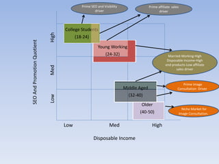 Young Working
(24-32)
SEOAndPromotionQuotient
Disposable Income
Low Med High
LowMedHigh
College Students
(18-24)
Older
(40-50)
Middle Aged
(32-40)
Prime SEO and Visibility
driver
Prime affiliate sales
driver
Married-Working-High
Disposable Income-High
end products-Low affiliate
sales driver
Prime Image
Consultation Driver
Niche Market for
Image Consultation.
 