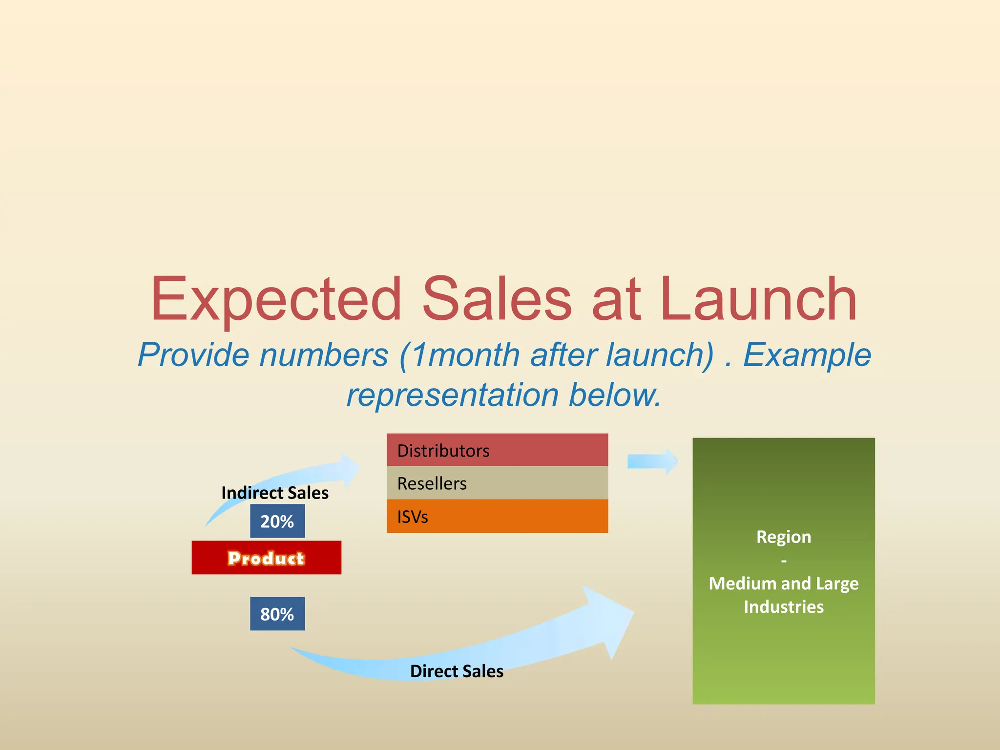 Expected Sales at Launch
Provide numbers (1month after launch) . Example
representation below.
Region
-
Medium and Large
Industries
Distributors
Resellers
ISVs
Direct Sales
Indirect Sales
20%
80%
 