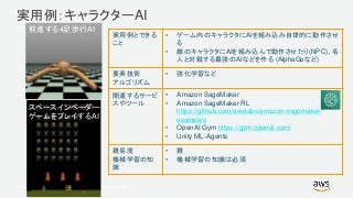 © 2017, Amazon Web Services, Inc. or its Affiliates. All rights reserved.
実用例：キャラクターAI
実用例とできる
こと
• ゲーム内のキャラクタにAIを組み込み自律的に動作させ
る
• 敵のキャラクタにAIを組み込んで動作させたり(NPC)、名
人と対戦する最強のAIなどを作る (AlphaGoなど)
要素技術
アルゴリズム
• 強化学習など
関連するサービ
スやツール
• Amazon SageMaker
• Amazon SageMaker RL
https://github.com/awslabs/amazon-sagemaker-
examples
• OpenAI Gym https://gym.openai.com/
• Unity ML-Agents
難易度
機械学習の知
識
• 難
• 機械学習の知識は必須
前進する4足歩行AI
スペースインベーダー
ゲームをプレイするAI
 