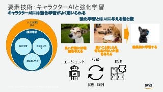 © 2017, Amazon Web Services, Inc. or its Affiliates. All rights reserved.
要素技術：キャラクターAIと強化学習
良い行動には報
酬を与える
強化学習とはAIに与える飴と鞭
悪いことをしたら
何もあげないか罰
を与える
結果的に学習する
キャラクターAIには強化学習がよく用いられる
 