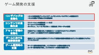 © 2017, Amazon Web Services, Inc. or its Affiliates. All rights reserved.
ゲーム開発の支援
•AIによる高速自動プレイによりゲームバランスやレベルデザインの調整を行う
•AIによる自動バグ検出とその自動修正
•QA/デバッグの
自動化
•アニメーションの自動生成 (GANなど)
•ゲームシナリオの自動生成
•ダンジョン、フィールドなどのMAP自動生成 (プロシージャル技術)
コンテンツの自
動生成
•大量のアセット画像に対して自動的にシーンに基づいたラベリングを行う
•ゲームのシーンに最適なテクスチャを素材から選択する
アセット管理の
自動化
•過去にリリースされた旧作のソフトウェアを現在の技術の解像度に合うように自動的にアップコン
バートしてリメイク
ゲームにおける
超解像技術
•サーバー負荷の動向を予測し、インフラのスケール戦略の指標にする
•ユーザー数の動向を予測し、インフラのスケール戦略の指標にする
ゲーム運用時の
支援
 