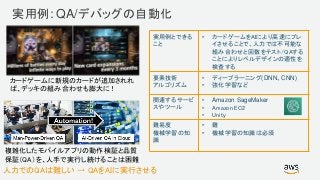 © 2017, Amazon Web Services, Inc. or its Affiliates. All rights reserved.
実用例: QA/デバッグの自動化
実用例とできる
こと
• カードゲームをAIにより高速にプレ
イさせることで、人力では不可能な
組み合わせと回数をテスト/QAする
ことによりレベルデザインの適性を
検査する
要素技術
アルゴリズム
• ディープラーニング(DNN、CNN)
• 強化学習など
関連するサービ
スやツール
• Amazon SageMaker
• Amazon EC2
• Unity
難易度
機械学習の知
識
• 難
• 機械学習の知識は必須
複雑化したモバイルアプリの動作検証と品質
保証（QA）を、人手で実行し続けることは困難
カードゲームに新規のカードが追加されれ
ば、デッキの組み合わせも膨大に！
人力でのQAは難しい → QAをAIに実行させる
 