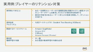 © 2017, Amazon Web Services, Inc. or its Affiliates. All rights reserved.
実用例:プレイヤーのリテンション対策
実用例とできること • ある一定期間のユーザーの行動履歴(課金情報やログイン頻度)からそ
のユーザーがゲームを離脱しそうかどうか離脱率を推論する
• 離脱の可能性のあるユーザーに何らかの施策を実施して、リテンション
対策する
要素技術
アルゴリズム
• 勾配ブースティング木 : Gradient Tree Boosting (XGBoost)
関連するサービスやツール • Amazon SageMaker
• Amazon EC2
• XGBoost
• Amazon Forecast (Preview)
難易度
機械学習の知識
• 中〜難
• ある程度の機械学習の知識は必須
 