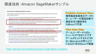 © 2017, Amazon Web Services, Inc. or its Affiliates. All rights reserved.
関連技術：Amazon SageMakerサンプル
https://github.com/awslabs/amazon-sagemaker-examples
Prediction Customer Churn
携帯電話事業者のデータだ
が、ユーザーの電話回数や
課金状況で離脱率を
XGBoostで予測
Video Game Sales
ゲームユーザーからのレ
ビュースコアを元にビデオ
ゲームがヒットするかどうか
($1 Million以上の売り上げ
になるか)をXGBoostで推論
 