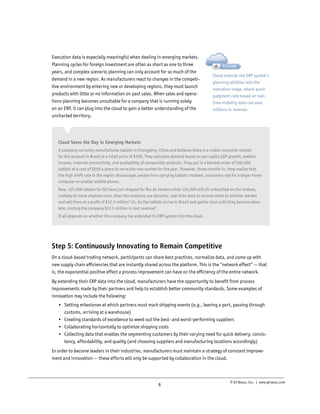 zzzz ZzzzZ
zzzzzzZzzz
zzzzzzZzzz
Zzzzzzzzzz
zzzzzzzzzZ
zzzz
zzzzzzzzZz

Execution data is especially meaningful when dealing in emerging markets.
Planning cycles for foreign investment are often as short as one to three
years, and complex scenario planning can only account for so much of the
demand in a new region. As manufacturers react to changes in the competitive environment by entering new or developing regions, they must launch
products with little or no information on past sales. When sales and operations planning becomes unsuitable for a company that is running solely
on an ERP, it can plug into the cloud to gain a better understanding of the
uncharted territory.

Cloud extends the ERP system’s
planning abilities into the
execution stage, where quick
judgment calls based on realtime visibility data can save
millions in revenue.

Done

Cloud

Ongoing

ERP

Cloud Saves the Day in Emerging Markets
Implementation

CLOUD

Assessment

Team

Initial

Maintenance

Assigned Writing and Updates
Tasks
A company currently manufactures tablets in Chongqing, China and believes there is a viable consumer market
and
and
Deployed They
for the product in Brazil at a retail price of $300.Mappingcalculate demand based on per capita GDP growth, median
income, internet connectivity, and availability of comparable products. They put in a blanket order of 500,000
tablets at a cost of $200 a piece to serve the new market for the year. However, three months in, they realize that
the high theft rate in the region discourages people from carrying tablets; instead, consumers opt for a larger home
computer or smaller mobile phone.

Now, 125,000 tablets for Q2 have just shipped for Rio de Janeiro while 115,000 still sit untouched on the shelves,
unlikely to move anytime soon. Does the company use dynamic, real-time data to reroute them to another market
and sell them at a profit of $12.5 million? Or, do the tablets arrive in Brazil and gather dust until they become obsolete, costing the company $37.5 million in lost revenue?
It all depends on whether the company has extended its ERP system into the cloud.

Step 5: Continuously Innovating to Remain Competitive
On a cloud-based trading network, participants can share best practices, normalize data, and come up with
new supply chain efficiencies that are instantly shared across the platform. This is the “network effect” — that
is, the exponential positive effect a process improvement can have on the efficiency of the entire network.
By extending their ERP data into the cloud, manufacturers have the opportunity to benefit from process
improvements made by their partners and help to establish better community standards. Some examples of
innovation may include the following:
•	  etting milestones at which partners must mark shipping events (e.g., leaving a port, passing through
S
customs, arriving at a warehouse)
•	 Creating standards of excellence to weed out the best- and worst-performing suppliers
•	 Collaborating horizontally to optimize shipping costs
•	  ollecting data that enables the segmenting customers by their varying need for quick delivery, consisC
tency, affordability, and quality (and choosing suppliers and manufacturing locations accordingly)
In order to become leaders in their industries, manufacturers must maintain a strategy of constant improvement and innovation — these efforts will only be supported by collaboration in the cloud.

8

© GT Nexus, Inc. | www.gtnexus.com

 