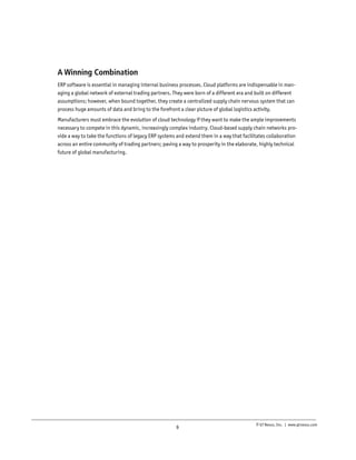 A Winning Combination
ERP software is essential in managing internal business processes. Cloud platforms are indispensable in managing a global network of external trading partners. They were born of a different era and built on different
assumptions; however, when bound together, they create a centralized supply chain nervous system that can
process huge amounts of data and bring to the forefront a clear picture of global logistics activity.
Manufacturers must embrace the evolution of cloud technology if they want to make the ample improvements
necessary to compete in this dynamic, increasingly complex industry. Cloud-based supply chain networks provide a way to take the functions of legacy ERP systems and extend them in a way that facilitates collaboration
across an entire community of trading partners; paving a way to prosperity in the elaborate, highly technical
future of global manufacturing.

9

© GT Nexus, Inc. | www.gtnexus.com

 