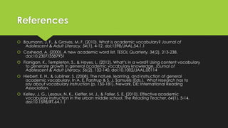 References
 Baumann, J. F., & Graves, M. F. (2010). What is academic vocabulary? Journal of
Adolescent & Adult Literacy, 54(1), 4-12. doi:1598/JAAL.54.1.1
 Coxhead, A. (2000). A new academic word list. TESOL Quarterly, 34(2), 213-238.
doi:10.2307/3587951
 Flanigan, K., Templeton, S., & Hayes, L. (2012). What’s in a word? Using content vocabulary
to generate growth in general academic vocabulary knowledge. Journal of
Adolescent & Adult Literacy, 56(2), 132-140. doi:10.1002/JAAL.00114
 Hiebert, E. H., & Lubliner, S. (2008). The nature, learning, and instruction of general
academic vocabulary. In A. E. Farstrup & S. J. Samuels (Eds.). What research has to
say about vocabulary instruction (p. 150-181). Newark, DE: International Reading
Association.
 Kelley, J. G., Lesaux, N. K., Kieffer, M. J., & Faller, S. E. (2010). Effective academic
vocabulary instruction in the urban middle school. The Reading Teacher, 64(1), 5-14.
doi:10.1598/RT.64.1.1
 