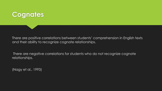Cognates
There are positive correlations between students’ comprehension in English texts
and their ability to recognize cognate relationships.
There are negative correlations for students who do not recognize cognate
relationships.
(Nagy et al., 1993)
 