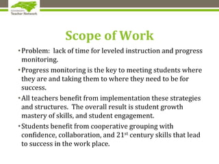 Scope of Work
•Problem: lack of time for leveled instruction and progress
monitoring.
•Progress monitoring is the key to meeting students where
they are and taking them to where they need to be for
success.
•All teachers benefit from implementation these strategies
and structures. The overall result is student growth
mastery of skills, and student engagement.
•Students benefit from cooperative grouping with
confidence, collaboration, and 21st century skills that lead
to success in the work place.
 