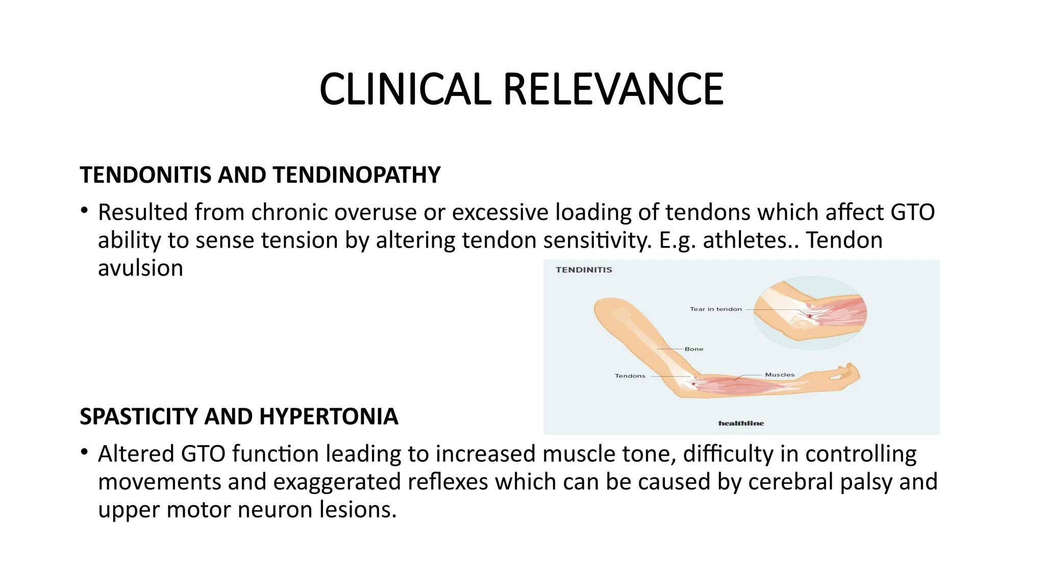 CLINICAL RELEVANCE
TENDONITIS AND TENDINOPATHY
• Resulted from chronic overuse or excessive loading of tendons which affect GTO
ability to sense tension by altering tendon sensitivity. E.g. athletes.. Tendon
avulsion
SPASTICITY AND HYPERTONIA
• Altered GTO function leading to increased muscle tone, difficulty in controlling
movements and exaggerated reflexes which can be caused by cerebral palsy and
upper motor neuron lesions.
 