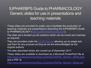 IUPHAR/BPS Guide to PHARMACOLOGY
Generic slides for use in presentations and
teaching materials
• These slides are provided for public use to facilitate the production of
teaching materials and presentations describing the IUPHAR/BPS Guide
to PHARMACOLOGY (www.guidetopharmacology.org).
• The slide set is divided up into sections which can be mixed and matched
as required.
• They are provided under the CC BY license allowing you to adapt and
use them for any purpose as long as we are acknowledged as the
original authors.
• The data described herein are current as of December 2017.
• These slides are available to download as a Microsoft PowerPoint file at
http://www.guidetopharmacology.org/slides/GtoPdb_Generic_Slides.pptx
and a PDF at
http://www.guidetopharmacology.org/slides/GtoPdb_Generic_Slides.pdf
 