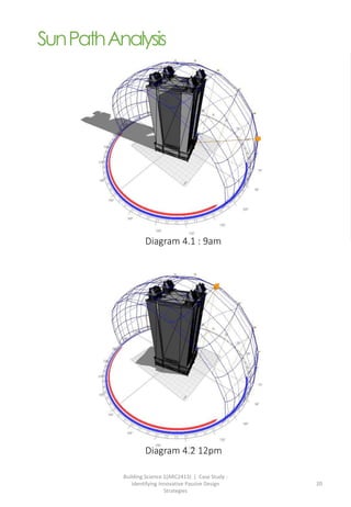 Building Science 1(ARC2413) | Case Study :
Identifying Innovative Passive Design
Strategies
20
SunPathAnalysis
Diagram 4.1 : 9am
Diagram 4.2 12pm
 