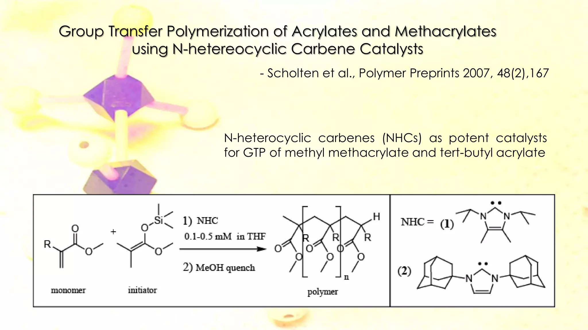 Group Transfer Polymerization of Acrylates and Methacrylates
using N-hetereocyclic Carbene Catalysts
- Scholten et al., Polymer Preprints 2007, 48(2),167
N-heterocyclic carbenes (NHCs) as potent catalysts
for GTP of methyl methacrylate and tert-butyl acrylate
 