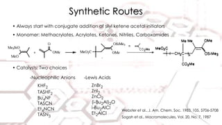 Synthetic Routes
• Always start with conjugate addition of silyl ketene acetal initiators
• Monomer: Methacrylates, Acrylates, Ketones, Nitriles, Carboxamides
-Nucleophilic Anions
KHF2
TASHF2
Bu4NF
TASCN
Et4NCN
TASN3
-Lewis Acids
ZnBr2
ZnI2
ZnCl2
(i-Bu2Al)2O
i-Bu2AlCl
Et2AlCl
Webster et al., J. Am. Chem. Soc. 1983, 105, 5706-5708
Sogah et al., Macromolecules, Vol. 20, No. 7, 1987
• Catalysts: Two choices
 