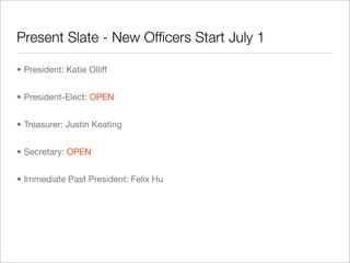 Present Slate - New Ofﬁcers Start July 1
• President: Katie Olliff
• President-Elect: OPEN
• Treasurer: Justin Keating
• Secretary: OPEN
• Immediate Past President: Felix Hu
 