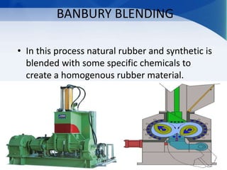 BANBURY BLENDING
• In this process natural rubber and synthetic is
blended with some specific chemicals to
create a homogenous rubber material.
 