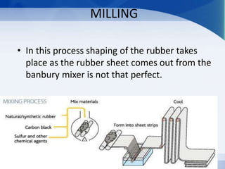 MILLING
• In this process shaping of the rubber takes
place as the rubber sheet comes out from the
banbury mixer is not that perfect.
 