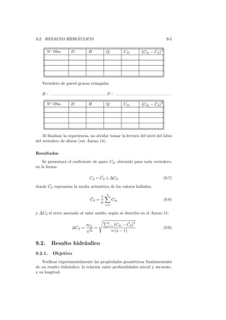 9.2. RESALTO HIDR ´AULICO 9-5
N◦ Obs. D H Q Cdi Cdi − ¯Cd
2
Vertedero de pared gruesa triangular
B : . . . . . . . . . . . . . . . . . . . . . . . . . . . . . . . P : . . . . . . . . . . . . . . . . . . . . . . . . . . . . . . .
N◦ Obs. D H Q Cdi Cdi − ¯Cd
2
Al ﬁnalizar la experiencia, no olvidar tomar la lectura del nivel del labio
del vertedero de aforos (ver Anexo 14).
Resultados
Se presentar´a el coeﬁciente de gasto Cd, obtenido para cada vertedero,
en la forma:
Cd = ¯Cd ± ∆Cd (9.7)
donde ¯Cd representa la media aritm´etica de los valores hallados,
¯Cd =
1
n
n
i=1
Cdi (9.8)
y ∆Cd el error asociado al valor medio, seg´un se describe en el Anexo 11:
∆Cd =
σCd
√
n
=
n
i=1 Cdi − ¯Cd
2
n (n − 1)
(9.9)
9.2. Resalto hidr´aulico
9.2.1. Objetivo
Veriﬁcar experimentalmente las propiedades geom´etricas fundamentales
de un resalto hidr´aulico: la relaci´on entre profundidades inicial y secuente,
y su longitud.
 