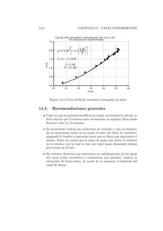 14-4 CAP´ITULO 14. CANAL EXPERIMENTAL
Figura 14.4: Curva H-Q del vertedero rectangular de aforo
14.5. Recomendaciones generales
Cada vez que se pretenda modiﬁcar el caudal, accionando la v´alvula, se
debe esperar que el sistema entre nuevamente en r´egimen. Esto puede
demorar entre 2 y 3 minutos.
Es conveniente realizar las mediciones de caudales y una vez ﬁnaliza-
da la experiencia medir en la escala el nivel del labio de vertedero,
apagando la bomba y esperando hasta que no ﬂuya m´as agua sobre el
mismo. Tener en cuenta que la junta de goma que cierra el vetedero
no es estanca, por lo cual no hay que dejar pasar demasiado tiempo
para tomar la lectura.
De retirarse elementos que provoquen un embalsamiento de las aguas
del canal (como vertederos o compuertas, por ejemplo), realizar la
extracci´on de forma lenta, de modo de no provocar el desborde del
canal de aforos.
 