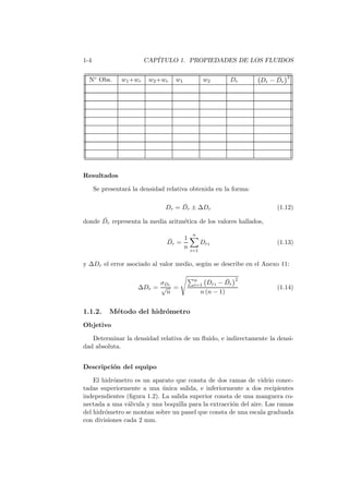 1-4 CAP´ITULO 1. PROPIEDADES DE LOS FLUIDOS
N◦ Obs. w1+wr w2+wr w1 w2 Dr Dr − ¯Dr
2
Resultados
Se presentar´a la densidad relativa obtenida en la forma:
Dr = ¯Dr ± ∆Dr (1.12)
donde ¯Dr representa la media aritm´etica de los valores hallados,
¯Dr =
1
n
n
i=1
Dri (1.13)
y ∆Dr el error asociado al valor medio, seg´un se describe en el Anexo 11:
∆Dr =
σDr
√
n
=
n
i=1 Dri − ¯Dr
2
n (n − 1)
(1.14)
1.1.2. M´etodo del hidr´ometro
Objetivo
Determinar la densidad relativa de un ﬂuido, e indirectamente la densi-
dad absoluta.
Descripci´on del equipo
El hidr´ometro es un aparato que consta de dos ramas de vidrio conec-
tadas superiormente a una ´unica salida, e inferiormente a dos recipientes
independientes (ﬁgura 1.2). La salida superior consta de una manguera co-
nectada a una v´alvula y una boquilla para la extracci´on del aire. Las ramas
del hidr´ometro se montan sobre un panel que consta de una escala graduada
con divisiones cada 2 mm.
 