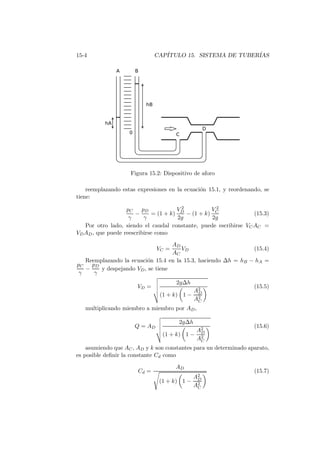 15-4 CAP´ITULO 15. SISTEMA DE TUBER´IAS
Figura 15.2: Dispositivo de aforo
reemplazando estas expresiones en la ecuaci´on 15.1, y reordenando, se
tiene:
pC
γ
−
pD
γ
= (1 + k)
V 2
D
2g
− (1 + k)
V 2
C
2g
(15.3)
Por otro lado, siendo el caudal constante, puede escribirse VCAC =
VDAD, que puede reescribirse como
VC =
AD
AC
VD (15.4)
Reemplazando la ecuaci´on 15.4 en la 15.3, haciendo ∆h = hB − hA =
pC
γ
−
pD
γ
y despejando VD, se tiene
VD =
2g∆h
(1 + k) 1 −
A2
D
A2
C
(15.5)
multiplicando miembro a miembro por AD,
Q = AD
2g∆h
(1 + k) 1 −
A2
D
A2
C
(15.6)
asumiendo que AC, AD y k son constantes para un determinado aparato,
es posible deﬁnir la constante Cd como
Cd =
AD
(1 + k) 1 −
A2
D
A2
C
(15.7)
 