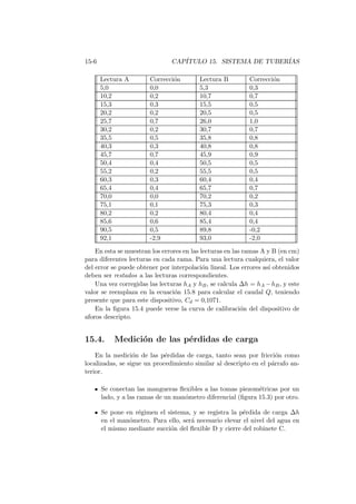 15-6 CAP´ITULO 15. SISTEMA DE TUBER´IAS
Lectura A Correcci´on Lectura B Correcci´on
5,0 0,0 5,3 0,3
10,2 0,2 10,7 0,7
15,3 0,3 15,5 0,5
20,2 0,2 20,5 0,5
25,7 0,7 26,0 1,0
30,2 0,2 30,7 0,7
35,5 0,5 35,8 0,8
40,3 0,3 40,8 0,8
45,7 0,7 45,9 0,9
50,4 0,4 50,5 0,5
55,2 0,2 55,5 0,5
60,3 0,3 60,4 0,4
65,4 0,4 65,7 0,7
70,0 0,0 70,2 0,2
75,1 0,1 75,3 0,3
80,2 0,2 80,4 0,4
85,6 0,6 85,4 0,4
90,5 0,5 89,8 -0,2
92,1 -2,9 93,0 -2,0
En esta se muestran los errores en las lecturas en las ramas A y B (en cm)
para diferentes lecturas en cada rama. Para una lectura cualquiera, el valor
del error se puede obtener por interpolaci´on lineal. Los errores as´ı obtenidos
deben ser restados a las lecturas correspondientes.
Una vez corregidas las lecturas hA y hB, se calcula ∆h = hA −hB, y este
valor se reemplaza en la ecuaci´on 15.8 para calcular el caudal Q, teniendo
presente que para este dispositivo, Cd = 0,1071.
En la ﬁgura 15.4 puede verse la curva de calibraci´on del dispositivo de
aforos descripto.
15.4. Medici´on de las p´erdidas de carga
En la medici´on de las p´erdidas de carga, tanto sean por fricci´on como
localizadas, se sigue un procedimiento similar al descripto en el p´arrafo an-
terior.
Se conectan las mangueras ﬂexibles a las tomas piezom´etricas por un
lado, y a las ramas de un man´ometro diferencial (ﬁgura 15.3) por otro.
Se pone en r´egimen el sistema, y se registra la p´erdida de carga ∆h
en el man´ometro. Para ello, ser´a necesario elevar el nivel del agua en
el mismo mediante succi´on del ﬂexible D y cierre del robinete C.
 