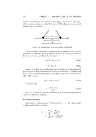 1-24 CAP´ITULO 1. PROPIEDADES DE LOS FLUIDOS
contaco, uno interior y otro exterior al aro (ﬁgura 1.9), de modo que es po-
sible suponer un di´ametro medio D del aro, debido al peque˜no espesor del
alambre que lo constituye.
Figura 1.9: Meniscos en el aro de tensi´on superﬁcial
En el momento mismo de la separaci´on de la superﬁcie, en el aro se
encuentran en equilibrio la fuerza debida al resorte F y la fuerza de atracci´on
debida a la tensi´on superﬁcial, T, dadas por:
F = Kδ = K (l1 − l0) (1.68)
T = 2σπD (1.69)
donde δ es la deformaci´on del resorte y l1 y l0 son las lecturas en la escala
de la Balanza de Jolly en el momento de apoyar el aro sobre la superﬁcie del
ﬂuido y en el momento del despegue. De modo que, igualando las expresiones
1.68 y 1.69, se tiene
K (l1 − l0) = 2σπD (1.70)
y reordenando,
σ =
K (l1 − l0)
2πD
(1.71)
que es la ecuaci´on del m´etodo de la balanza de Jolly para determinar la
tensi´on superﬁcial de un ﬂuido.
An´alisis de Errores
Introduciendo en la ecuaci´on 1.71 la notaci´on δ = l1 − l0, y planteando
el diferencial total de σ se tiene
dσ =
∂σ
∂δ
dδ +
∂σ
∂D
dD
=
K
2πD
dδ −
Kδ
2πD2
dD
 