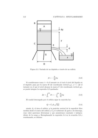 3-2 CAP´ITULO 3. SINGULARIDADES
Figura 3.1: Vaciado de un dep´osito a trav´es de un oriﬁcio
dt = −
Ar
Q
dy (3.2)
Si consideramos como t = 0 el instante en el cual el nivel del l´ıquido en
el dep´osito pasa por la marca B (de coordenada vertical y1), y t = ∆t el
instante en el que el nivel alcanza la marca C (de coordenada vertical y2),
se puede integrar la expresi´on 3.2 quedando:
∆t =
∆t
0
dt = −
y2
y1
Ar
Q
dy (3.3)
El caudal descargado por el oriﬁcio sigue la conocida ley:
Q = CdAo 2gy (3.4)
siendo Ao el ´area el oriﬁcio, y la posici´on vertical de la superﬁcie libre
medida desde el centro del oriﬁcio y Cd el coeﬁciente de gasto o de descarga,
cuyo valor queremos determinar y que asumiremos constante e indepen-
diente de la carga y. Reemplazando la expresi´on 3.4 en la ecuaci´on 3.3 y
reordenando, se obtiene:
 
