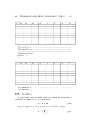 4.2. P´ERDIDAS LOCALIZADAS DE ENERG´IA EN TUBER´IAS 4-9
N◦ Obs. hA hB Q V h K Leq
Valor medio de K : . . . . . . . . . . . . . . . . . . . . . . . . . . . . . . . . . . . . . . . . . . . . . . . . . . .
Valor medio de Leq : . . . . . . . . . . . . . . . . . . . . . . . . . . . . . . . . . . . . . . . . . . . . . . . . .
Medidor domiciliario
di´ametro D = . . . . . . . . . . . . . . . . . . . . . . . . . . . . . . . . . . . . . . . . . . . . . . . . . . . . . . . .
f = . . . . . . . . . . . . . . . . . . . . . . . . . . . . . . . . . . . . . . . . . . . . . . . . . . . . . . . . . . . . . . . . . . .
N◦ Obs. hA hB Q V h K Leq
Valor medio de K : . . . . . . . . . . . . . . . . . . . . . . . . . . . . . . . . . . . . . . . . . . . . . . . . . . .
Valor medio de Leq : . . . . . . . . . . . . . . . . . . . . . . . . . . . . . . . . . . . . . . . . . . . . . . . . .
4.2.5. Resultados
Se presentar´an como resultados, para cada una de las singularidades
estudiadas, los valores de K y Leq en la forma:
K = ¯K ± ∆K (4.19)
donde ¯K representa la media aritm´etica de los valores hallados,
¯K =
1
n
N
i=1
Ki (4.20)
 