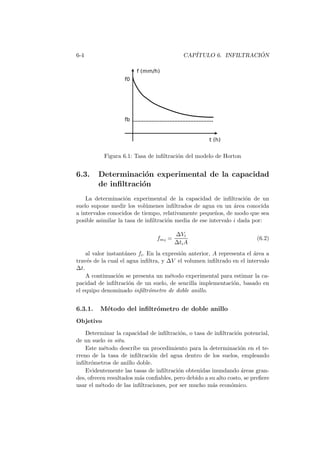 6-4 CAP´ITULO 6. INFILTRACI ´ON
Figura 6.1: Tasa de inﬁltraci´on del modelo de Horton
6.3. Determinaci´on experimental de la capacidad
de inﬁltraci´on
La determinaci´on experimental de la capacidad de inﬁltraci´on de un
suelo supone medir los vol´umenes inﬁltrados de agua en un ´area conocida
a intervalos conocidos de tiempo, relativamente peque˜nos, de modo que sea
posible asimilar la tasa de inﬁltraci´on media de ese intervalo i dada por:
fmi =
∆Vi
∆tiA
(6.2)
al valor instant´aneo fi. En la expresi´on anterior, A representa el ´area a
trav´es de la cual el agua inﬁltra, y ∆V el volumen inﬁltrado en el intervalo
∆t.
A continuaci´on se presenta un m´etodo experimental para estimar la ca-
pacidad de inﬁltraci´on de un suelo, de sencilla implementaci´on, basado en
el equipo denominado inﬁltr´ometro de doble anillo.
6.3.1. M´etodo del inﬁltr´ometro de doble anillo
Objetivo
Determinar la capacidad de inﬁltraci´on, o tasa de inﬁltraci´on potencial,
de un suelo in situ.
Este m´etodo describe un procedimiento para la determinaci´on en el te-
rreno de la tasa de inﬁltraci´on del agua dentro de los suelos, empleando
inﬁltr´ometros de anillo doble.
Evidentemente las tasas de inﬁltraci´on obtenidas inundando ´areas gran-
des, ofrecen resultados m´as conﬁables, pero debido a su alto costo, se preﬁere
usar el m´etodo de las inﬁltraciones, por ser mucho m´as econ´omico.
 