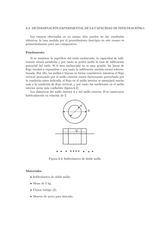 6.3. DETERMINACI ´ON EXPERIMENTAL DE LA CAPACIDAD DE INFILTRACI ´ON6-5
Los ensayos efectuados en un mismo sitio pueden no dar resultados
id´enticos; la tasa medida por el procedimiento descripto en este ensayo es
primordialmente para uso comparativo.
Fundamento
Si se mantiene la superﬁcie del suelo encharcada, la capacidad de inﬁl-
traci´on estar´a satisfecha y por tanto se podr´a medir la tasa de inﬁltraci´on
potencial del suelo. Si el ´area encharcada no es muy grande, las l´ıneas de
ﬂujo tienden a expandirse y por tanto la inﬁltraci´on medida estar´a sobrees-
timada. Por ello, los anillos e hincan en forma conc´entrica: mientras el ﬂujo
vertical provocado por el anillo exterior estar´a fuertemente perturbado por
la condici´on antes indicada, el ﬂujo en el anillo interior se asemejar´a mucho
m´as a la condici´on de ﬂujo vertical, y por tanto las mediciones en el anillo
interior ser´an m´as conﬁables (ﬁgura 6.2).
Los di´ametros del anillo interior d y del anillo exterior D se construyen
habitualmente en relaci´on de 2.
Figura 6.2: Inﬁltr´ometro de doble anillo
Materiales
Inﬁltr´ometro de doble anillo.
Maza de 5 kg.
Clavos testigo (2).
Muerto de acero para hincado.
 