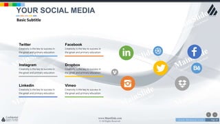 w w w . D o m a i n . c o m Page 19
www.MainSlide.com
© All Rights Reserved.
Confidential
Vimeo
Creativity is the key to success in
the great and primary education
Linkedin
Creativity is the key to success in
the great and primary education
Facebook
Creativity is the key to success in
the great and primary education
Twitter
Creativity is the key to success in
the great and primary education
Dropbox
Creativity is the key to success in
the great and primary education
Instagram
Creativity is the key to success in
the great and primary education
YOUR SOCIAL MEDIA
Basic Subtitle
 