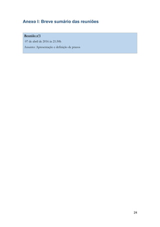 Anexo I: Breve sumário das reuniões
Reunião nº1
 07 de abril de 2016 às 21:30h
Assunto: Apresentação e definição de prazos
!24
 