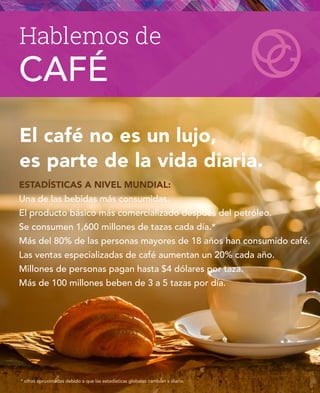 Hablemos de
El café no es un lujo,
es parte de la vida diaria.
CAFÉ
ESTADÍSTICAS A NIVEL MUNDIAL:
Una de las bebidas más consumidas.
El producto básico más comercializado después del petróleo.
Se consumen 1,600 millones de tazas cada día.*
Más del 80% de las personas mayores de 18 años han consumido café.
Las ventas especializadas de café aumentan un 20% cada año.
Millones de personas pagan hasta $4 dólares por taza.
Más de 100 millones beben de 3 a 5 tazas por día.
* cifras aproximadas debido a que las estadísticas globales cambian a diario.
 