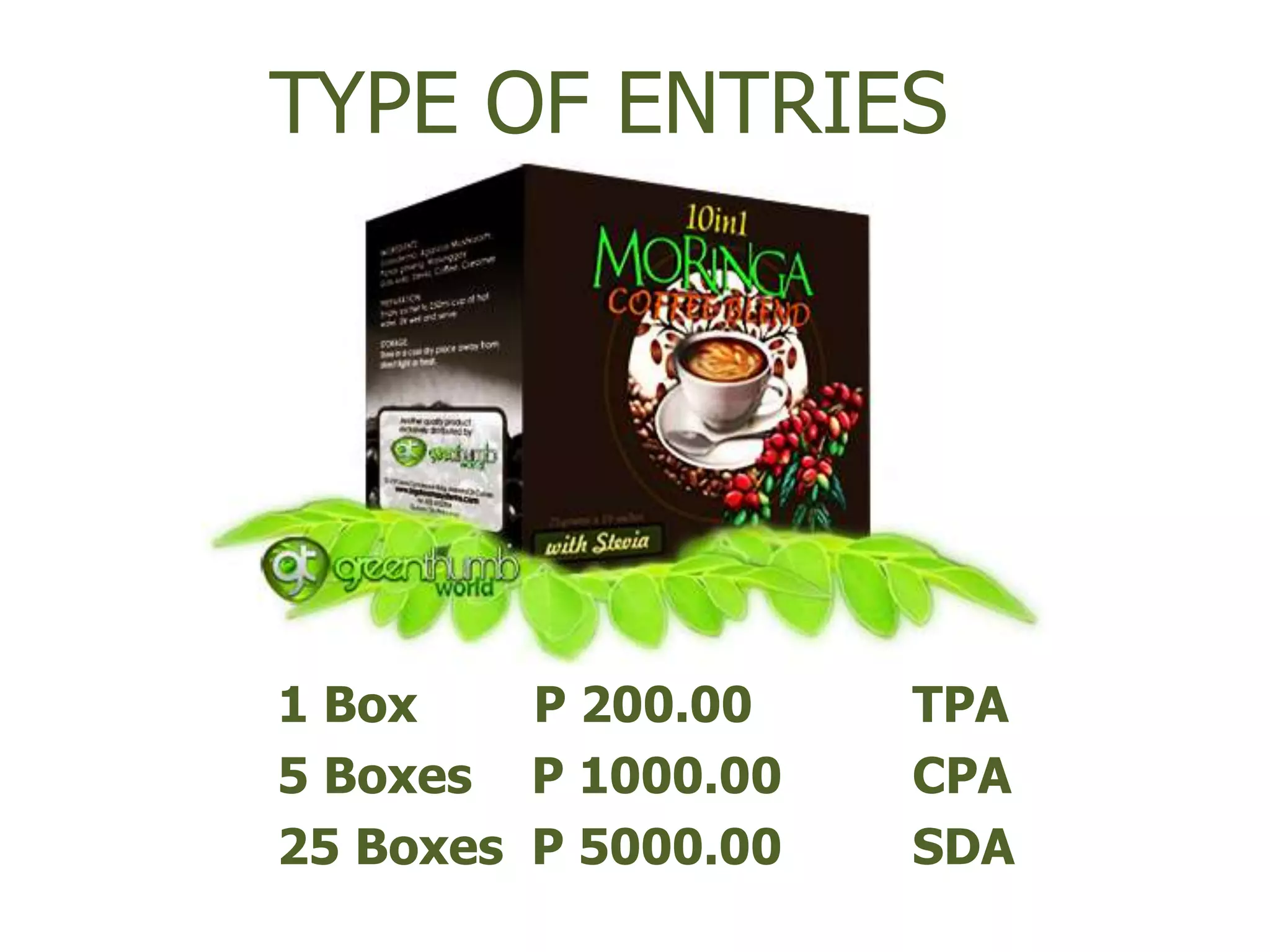 TYPE OF ENTRIES




1 Box    P 200.00    TPA
5 Boxes P 1000.00    CPA
25 Boxes P 5000.00   SDA
 