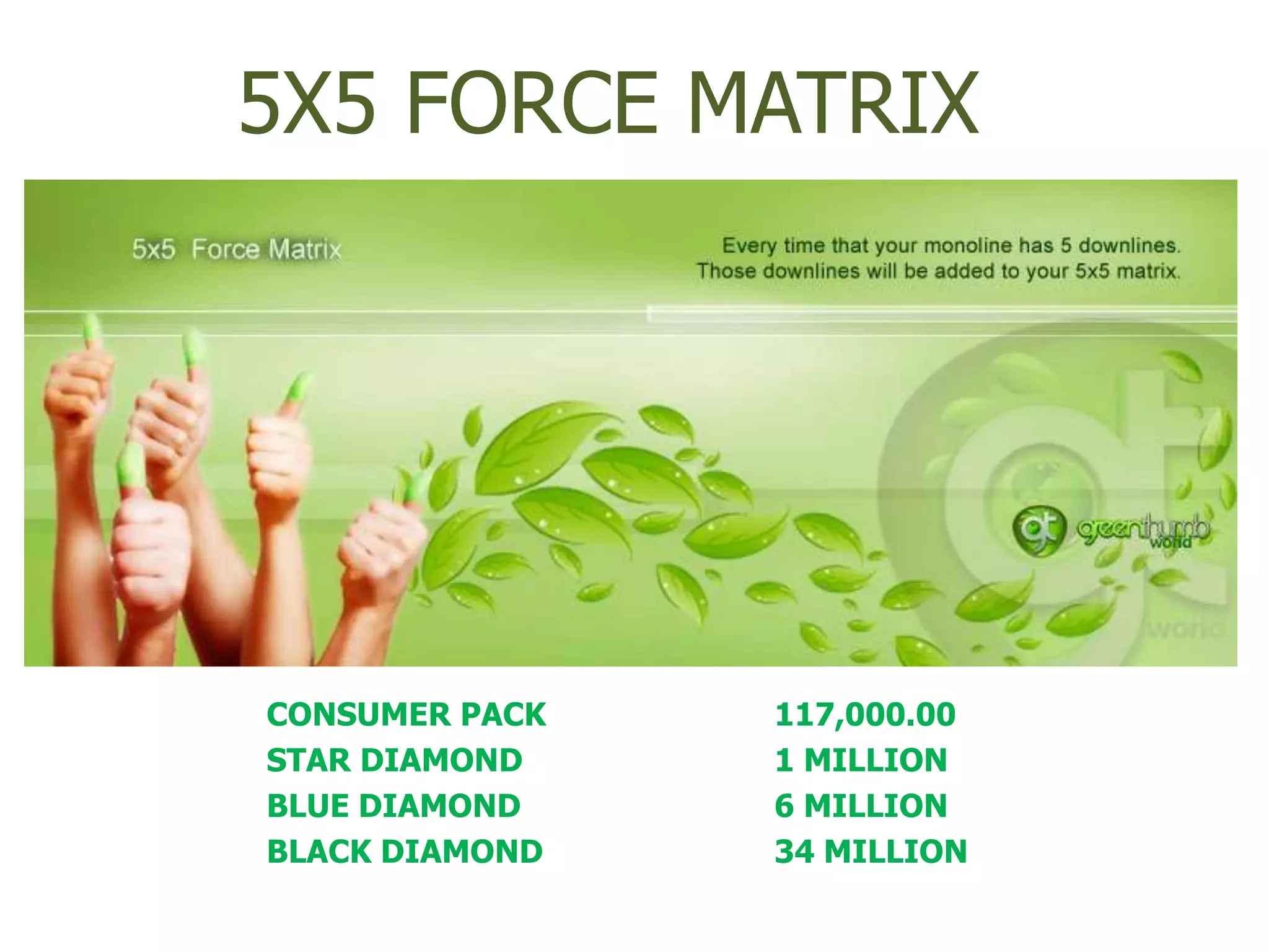 5X5 FORCE MATRIX




CONSUMER PACK   117,000.00
STAR DIAMOND    1 MILLION
BLUE DIAMOND    6 MILLION
BLACK DIAMOND   34 MILLION
 