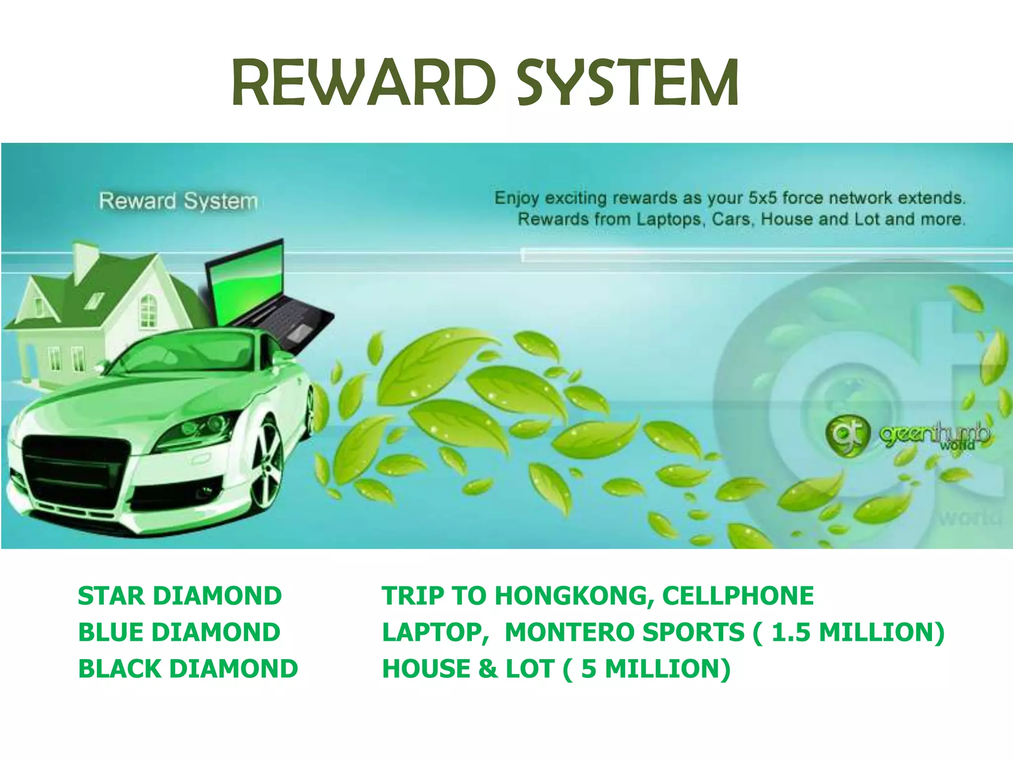 REWARD SYSTEM




STAR DIAMOND    TRIP TO HONGKONG, CELLPHONE
BLUE DIAMOND    LAPTOP, MONTERO SPORTS ( 1.5 MILLION)
BLACK DIAMOND   HOUSE & LOT ( 5 MILLION)
 