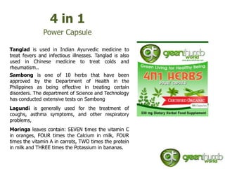 4 in 1
               Power Capsule

Tanglad is used in Indian Ayurvedic medicine to
treat fevers and infectious illnesses. Tanglad is also
used in Chinese medicine to treat colds and
rheumatism..
Sambong is one of 10 herbs that have been
approved by the Department of Health in the
Philippines as being effective in treating certain
disorders. The department of Science and Technology
has conducted extensive tests on Sambong
Lagundi is generally used for the treatment of
coughs, asthma symptoms, and other respiratory
problems,
Moringa leaves contain: SEVEN times the vitamin C
in oranges, FOUR times the Calcium in milk, FOUR
times the vitamin A in carrots, TWO times the protein
in milk and THREE times the Potassium in bananas.
 