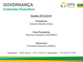 GOVERNANÇA
Comissão Executiva
Presidente
Eduardo Bastos (Dow)
Vice-Presidente
Maurício Campiolo (ACRIMAT)
Tesoureiro
Fernando Sampaio (ABIEC)
Suplentes – WWF Brasil – Ivens Teixeira e Santander – Christopher Wells
Gestão 2012-2015
 