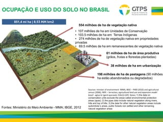 OCUPAÇÃO E USO DO SOLO NO BRASIL
554 milhões de ha de vegetação nativa
• 107 milhões de ha em Unidades de Conservação
• 103.5 milhões de ha em Terras Indígenas
• 274 milhões de ha de vegetação nativa em propriedades
privadas
• 69.5 milhões de ha em remanescentes de vegetação nativa
Fontes: Ministério do Meio Ambiente - MMA; IBGE, 2012
61 milhões de ha de área produtiva
(grãos, frutas e florestas plantadas)
38 milhões de ha em urbanização
198 milhões de ha de pastagens (90 milhões
ha estão abandonados ou degradados)
851,4 mi ha |
Sources: minister of environment- MMA; IBGE – PAM (2010) and agricultural
census (2006); INPE – terraclass; agricultural land use and expansion model
brazil - aglue-br (gerd sparovek, ESALQ-USP). Notes: 1) the data on
conservation units exclude the areas called environmental protection
areas (apas); 2) the ppas data include natural vegetation along rivers,
hills and top of hills; 3) the data for other natural vegetation areas include
quilombola´s areas, public forests non settled and other remaining
natural vegetation areas
 