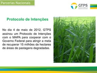 No dia 4 de maio de 2012, GTPS
assinou um Protocolo de Intenções
com o MAPA para cooperar com o
Governo Federal para atingir a meta
de recuperar 15 milhões de hectares
de áreas de pastagens degradadas.
DRAFT
Protocolo de Intenções
Parcerias Nacionais
 