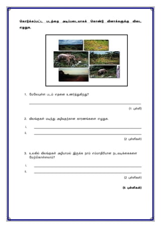 ககொடுக்கப்பட்ட படத்தை அடிப்பதடயொகக் ககொண்டு வினொக்களுக்கு விதட
எழுதுக.
1. மைமையுள்ை படம் எதனை உணர்த்துகிறது?
____________________________________________________________________________
(1 புள்ளி)
2. விைங்குகள் ைடிந்து அழிவதற்காை காரணங்கனை எழுதுக.
i. _________________________________________________________________________
ii. _________________________________________________________________________
(2 புள்ளிகள்)
3. உைகில் விைங்குகள் அழியாைல் இருக்க நாம் எம்ைாதிரியாை நடவடிக்னககனை
மைற்சகாள்ைைாம்?
i. _________________________________________________________________________
ii. _________________________________________________________________________
(2 புள்ளிகள்)
(5 புள்ளிகள்)
 