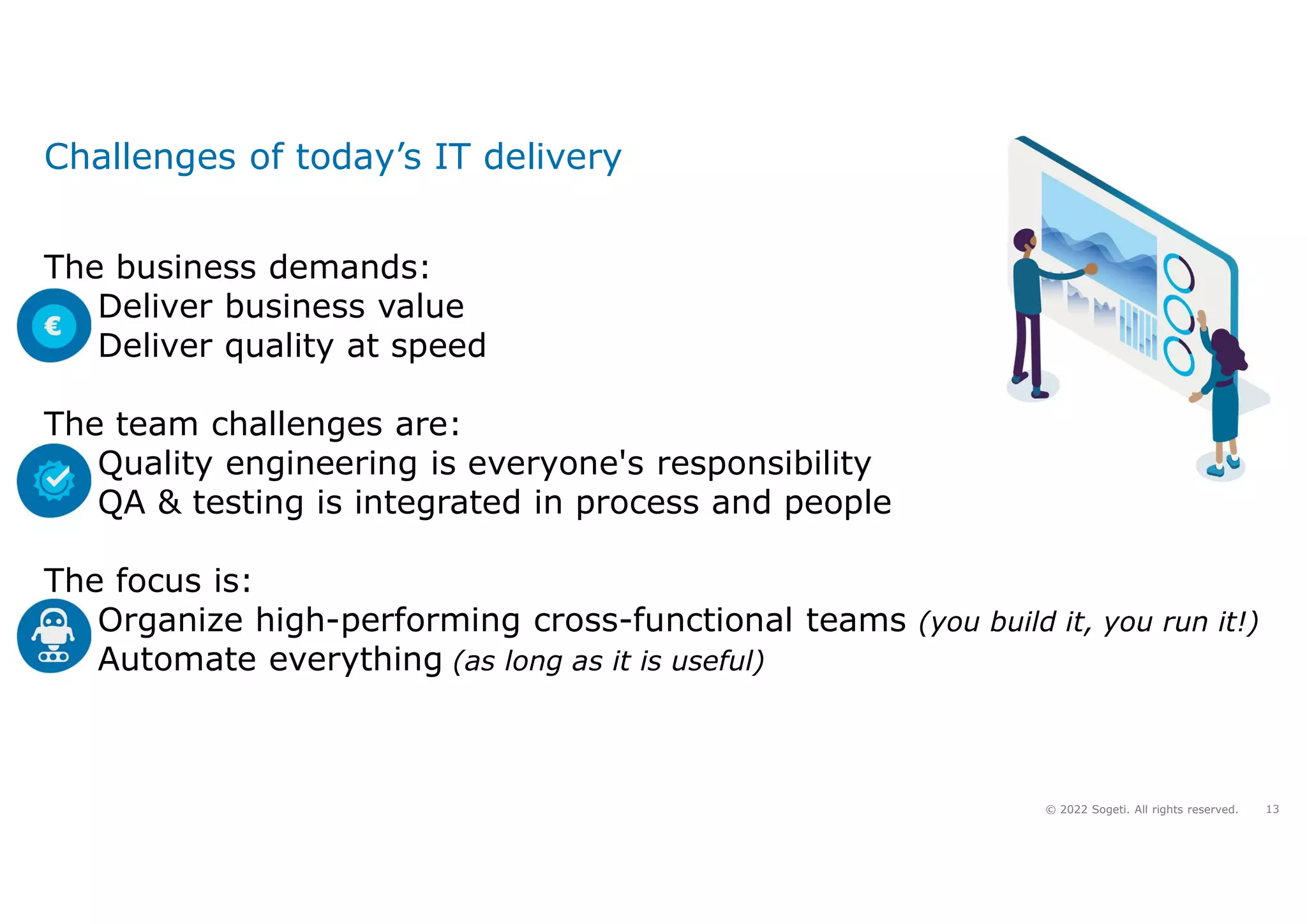 13
© 2022 Sogeti. All rights reserved.
Challenges of today’s IT delivery
The business demands:
• Deliver business value
• Deliver quality at speed
The team challenges are:
• Quality engineering is everyone's responsibility
• QA & testing is integrated in process and people
The focus is:
• Organize high-performing cross-functional teams (you build it, you run it!)
• Automate everything (as long as it is useful)
 